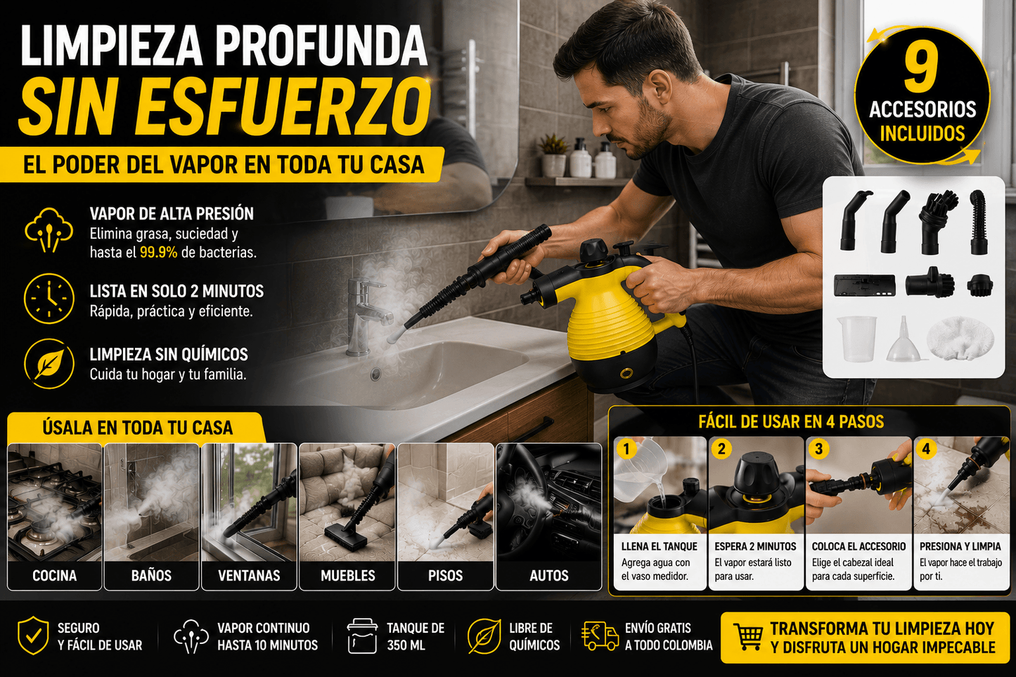 Limpiador A Vapor Eléctrico Portatil
